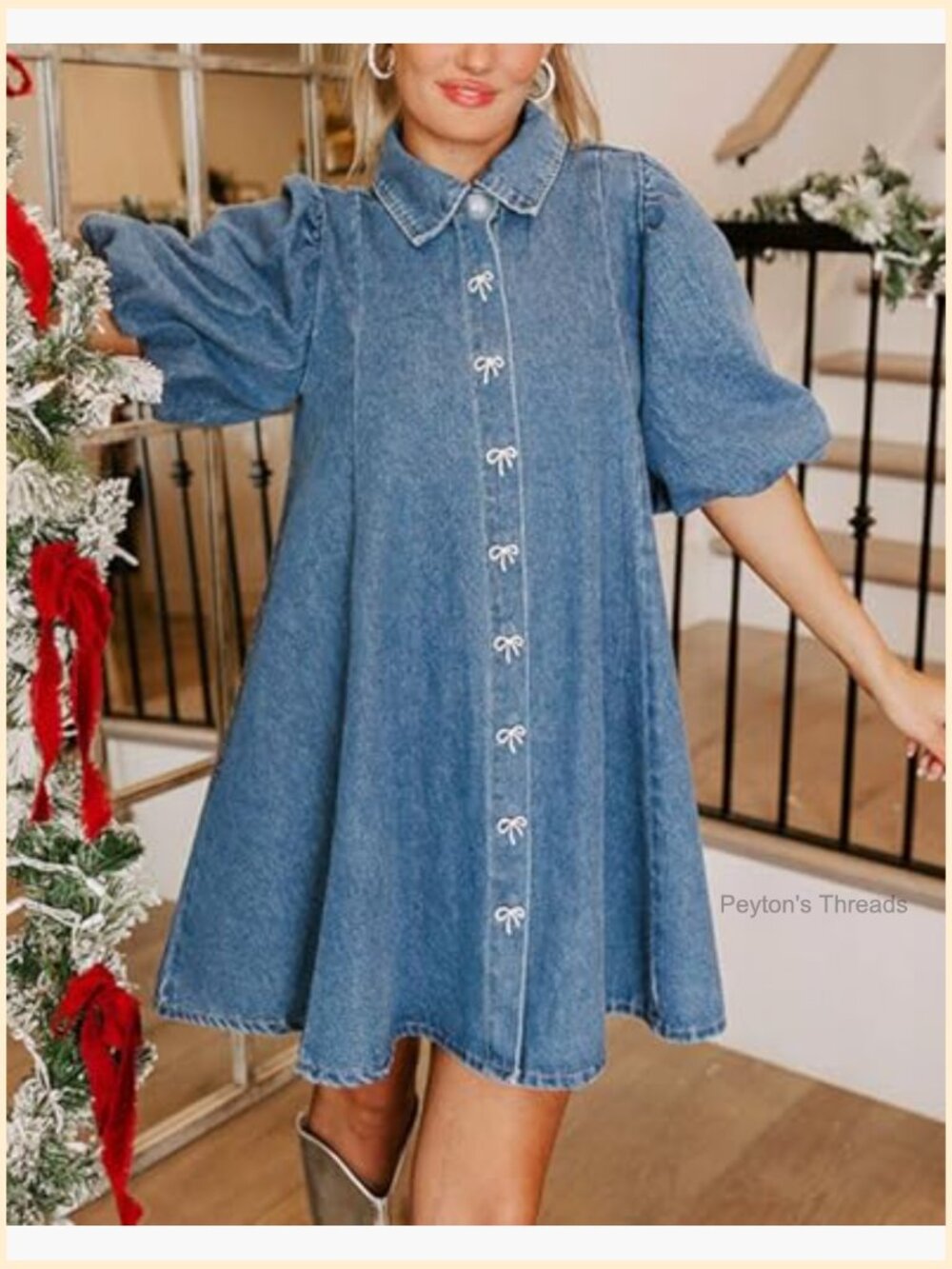 Blue Denim Babydoll Mini Dress with Puff Sleeves & Bow Decor - Picture 5 of 6